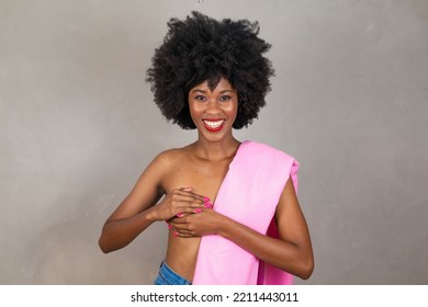 Beautiful Black Woman Covering One Breast With Her Hand And The Other With Breast Cancer Awareness Symbol