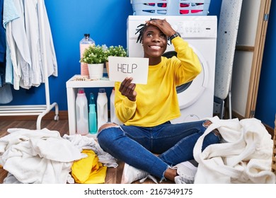 Beautiful Black Woman Doing Laundry Asking For Help Stressed And Frustrated With Hand On Head, Surprised And Angry Face 