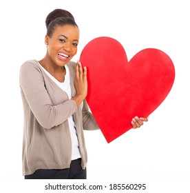 Beautiful Black Woman Holding Red Heart Against White Background