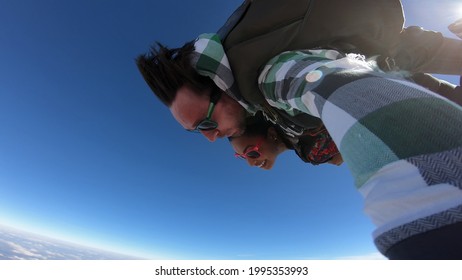 Beautiful Black Woman Practicing Skydiving. Tandem Jump With Selfie Image.