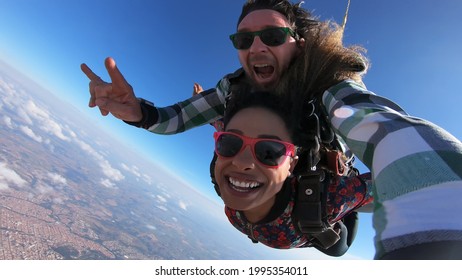 Beautiful Black Woman Practicing Skydiving. Tandem Jump With Selfie Image.