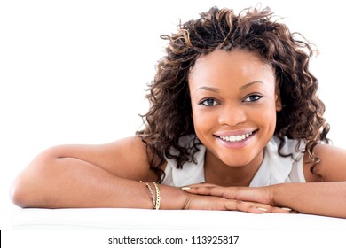 Beautiful Black Woman Smiling - Isolated Over A White Background