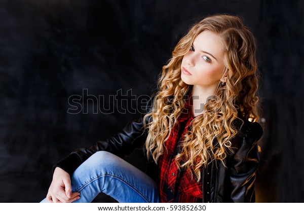 Beautiful Blond Girl Curly Hair Black Stock Photo Edit Now 593852630
