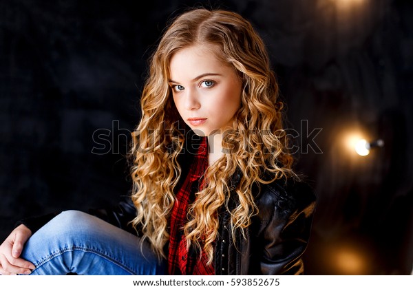 Beautiful Blond Girl Curly Hair Black Stock Photo Edit Now 593852675