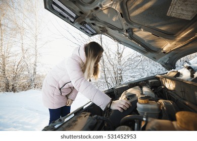 Beautiful Blond Girl  Hitchhiking By Broken Car