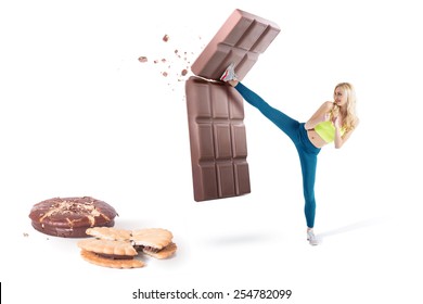 Beautiful Blond Girl Resist Temptation And Fight Back Bad Habbits, No To Junk Food