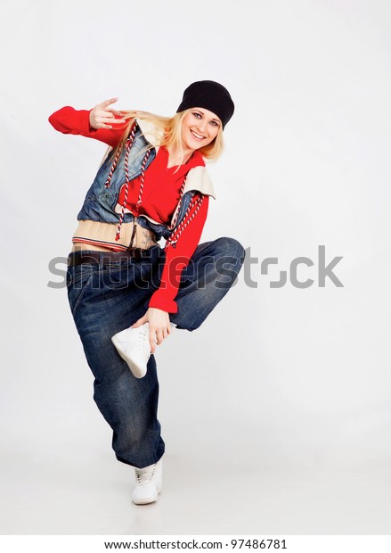 Beautiful Blond Hair Girl Dancing Hiphop Stockfoto Jetzt