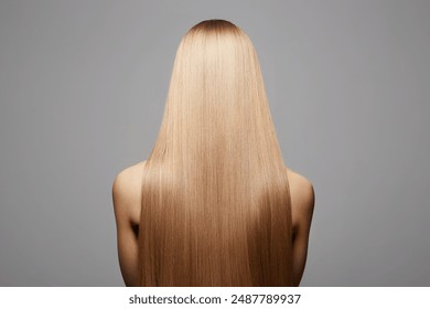 beautiful blond hair woman. Back of girl with Healthy hair. Care and straightening hair