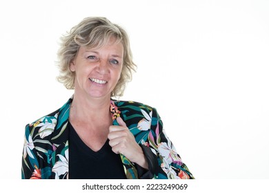 Beautiful Blond Senior Sixties Woman Mature Female In White Background