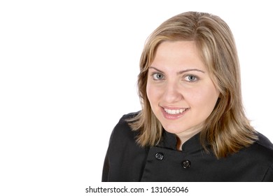 Beautiful Blond Wearing Black Chef Coat In The Restaurant Food Server Industry. In Studio On White Background.