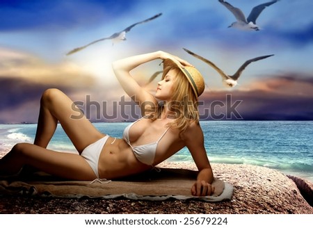 a beautiful blond woman in bikini  and three seagulls at sea