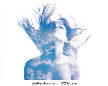 beautiful blond woman double exposure with pastel sky and cloud
