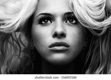 Beautiful Blond Woman.volume Hair.black And White.high Contrast