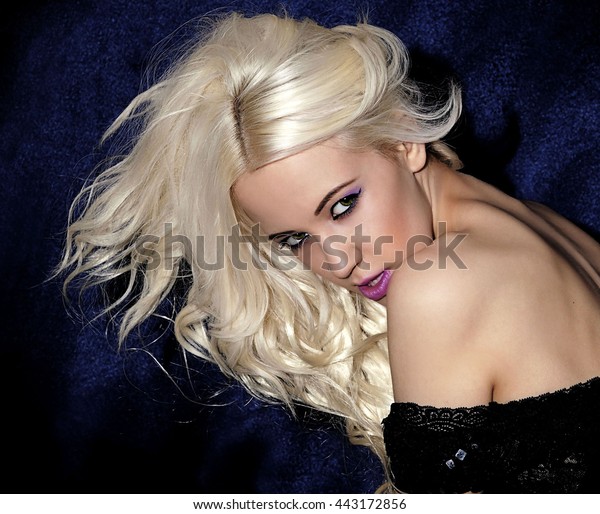 Beautiful Blonde Black Dress Beautiful Makeup Stock Image