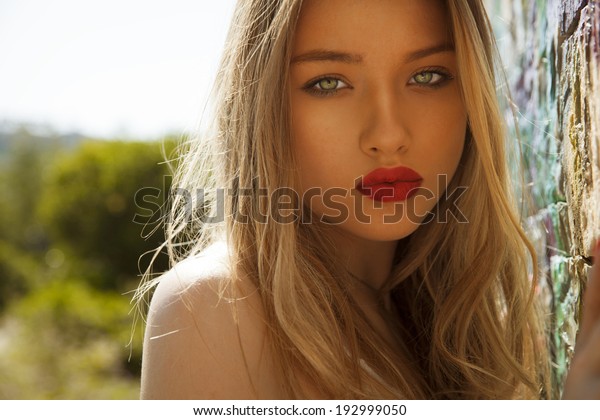 Beautiful Blonde Female Red Lipstick Blonde Stock Photo Edit Now