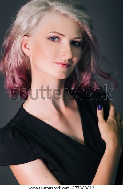 Beautiful Blonde Girl Black Clothes Purple Stock Photo Edit Now