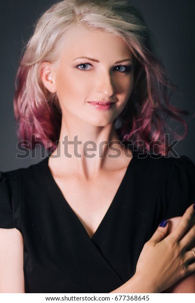 Beautiful Blonde Girl Black Clothes Purple Stock Photo Edit Now