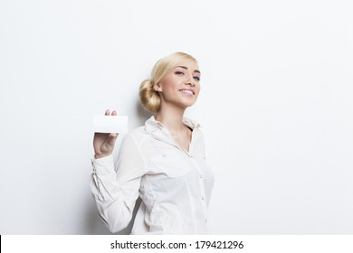 Beautiful Blonde Girl Holding Blank Business Card 