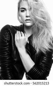 Beautiful Blonde Girl. Punk Rock Young Woman In Leather Coat