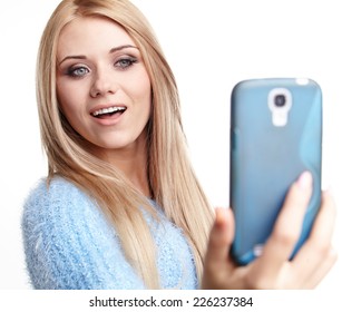 A Beautiful Blonde  Girl Taking Selfie 