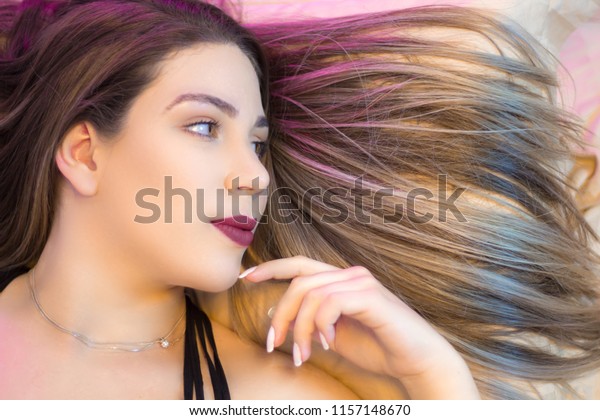 Beautiful Blonde Hair Girl Pink Blue Stock Photo Edit Now 1157148670