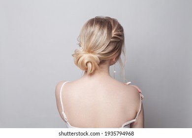 Beautiful Blonde Hairstyle, Female Back And Head On White Background