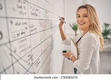 Beautiful blonde lady looking at camera and smiling while standing in front of planner whiteboard at work