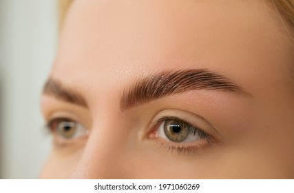 Beautiful blonde with laminated eyebrows. Close-up of laminated and stained eyebrows. Eyebrow Care Trend.  Laminating and Extension for Lashes. Beauty Model with Long Eyelashes and Brows.