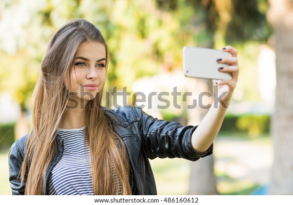 Beautiful Blonde Teenage Girl Taking Selfie Stock Photo Edit Now