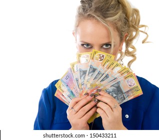 beautiful blonde woman with australian money