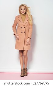 Beautiful blonde woman in a coat and nice dress. Fashion autumn winter photo