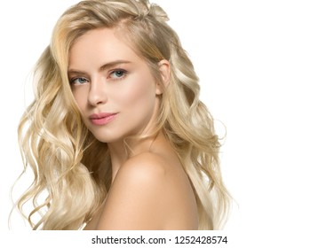 Beautiful blonde woman with curly blonde hair isolated on white with healthy skin and hairstyle female portrait natural makeup