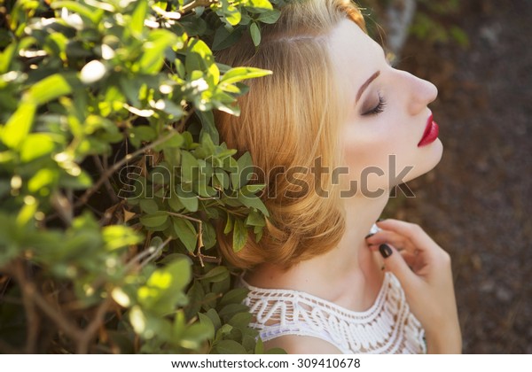 Beautiful Blonde Woman Curly Short Bob Stock Photo Edit Now