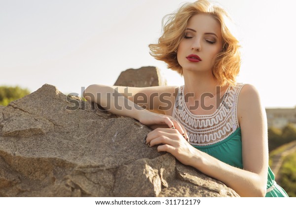 Beautiful Blonde Woman Curly Short Bob Stock Photo Edit Now