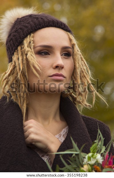 Beautiful Blonde Woman Dreadlocks Hairstyle Coat Stock Photo