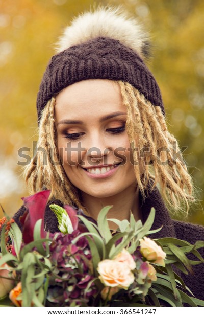 Beautiful Blonde Woman Dreadlocks Hairstyle Coat Stock Photo