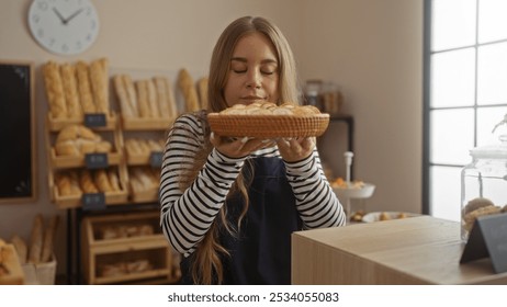 Beautiful blonde woman enjoying the aroma of freshly baked bread in a cozy bakery shop with wooden shelves filled with various types of bread - Powered by Shutterstock