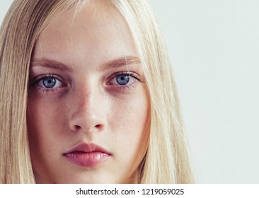 Beautiful blonde woman face with healthy long blond hair natural makeup young girl - Shutterstock ID 1219059025