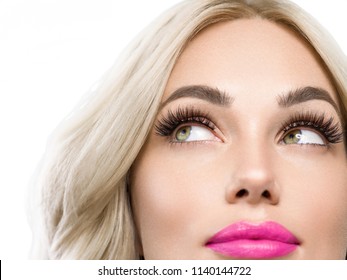 Beautiful Blonde Woman With Lashes Extension And Pink Lips Long Curly Hair Face Closeup