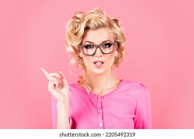 Beautiful Blonde Woman Model Wear Glasses. Retro Pinup Style.