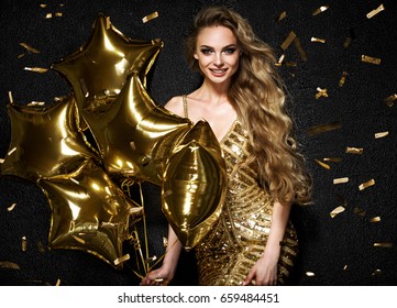 Beautiful Blonde Woman On Black Background With Gold Balloons