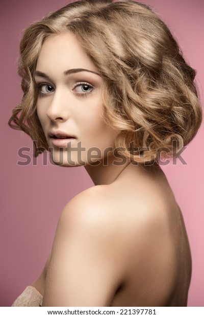 Beautiful Blonde Woman Posing Curly Bob Stock Photo Edit Now
