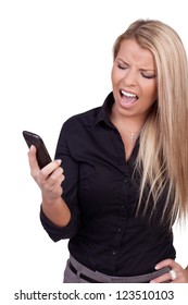 Beautiful Blonde Woman Waiting For A Call Looking At Her Mobile In Frustration And Grimacing As She Reads The Caller Identification On The Screen Isolated On White