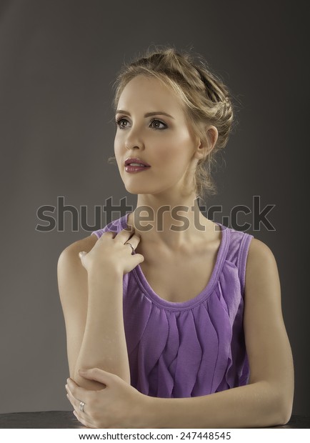 Beautiful Blonde Woman Wearing Soft Purple Stock Photo Edit Now
