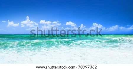 Beautiful blue beach panoramic sea view, with clean water & blue sky