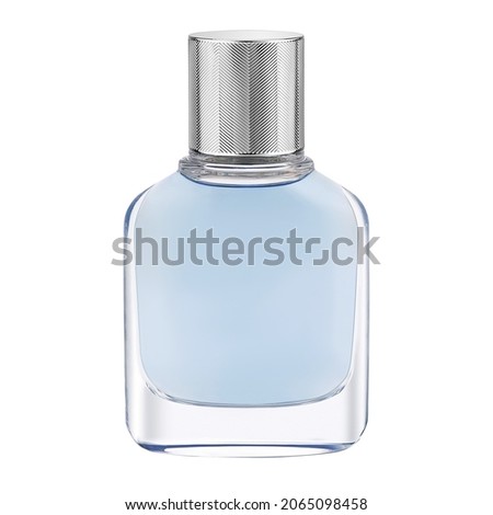 Beautiful Blue Bottle of Perfume. Male Eau De Parfum Bottle Isolated on White. Woody Aromatic Fragrance for Man. Man's Perfume Spray. Modern Luxury Men's Parfum De Toilette