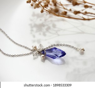 Beautiful Blue Crystal Necklace With Silver Gold Chain