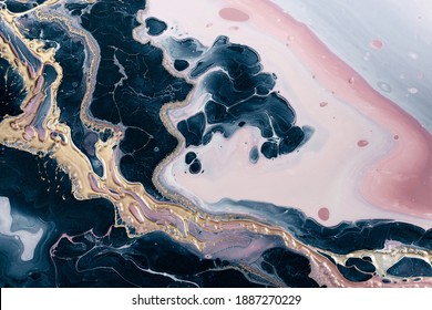 Beautiful Blue, Gold And Pink Waves And Swirls. Fluid Art. Marble Effect Background Or Texture.