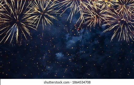 Beautiful Blue Holiday background with fireworks. Billboard or Web banner With Copy Space. Template to design Greeting card for Christmas holidays, New year, anniversary, independence day, Birthday - Powered by Shutterstock