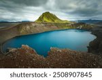 Beautiful blue lake in Highlands of Iceland, Hnausapollur Blahylur volcanic lake, Icelandic adventure